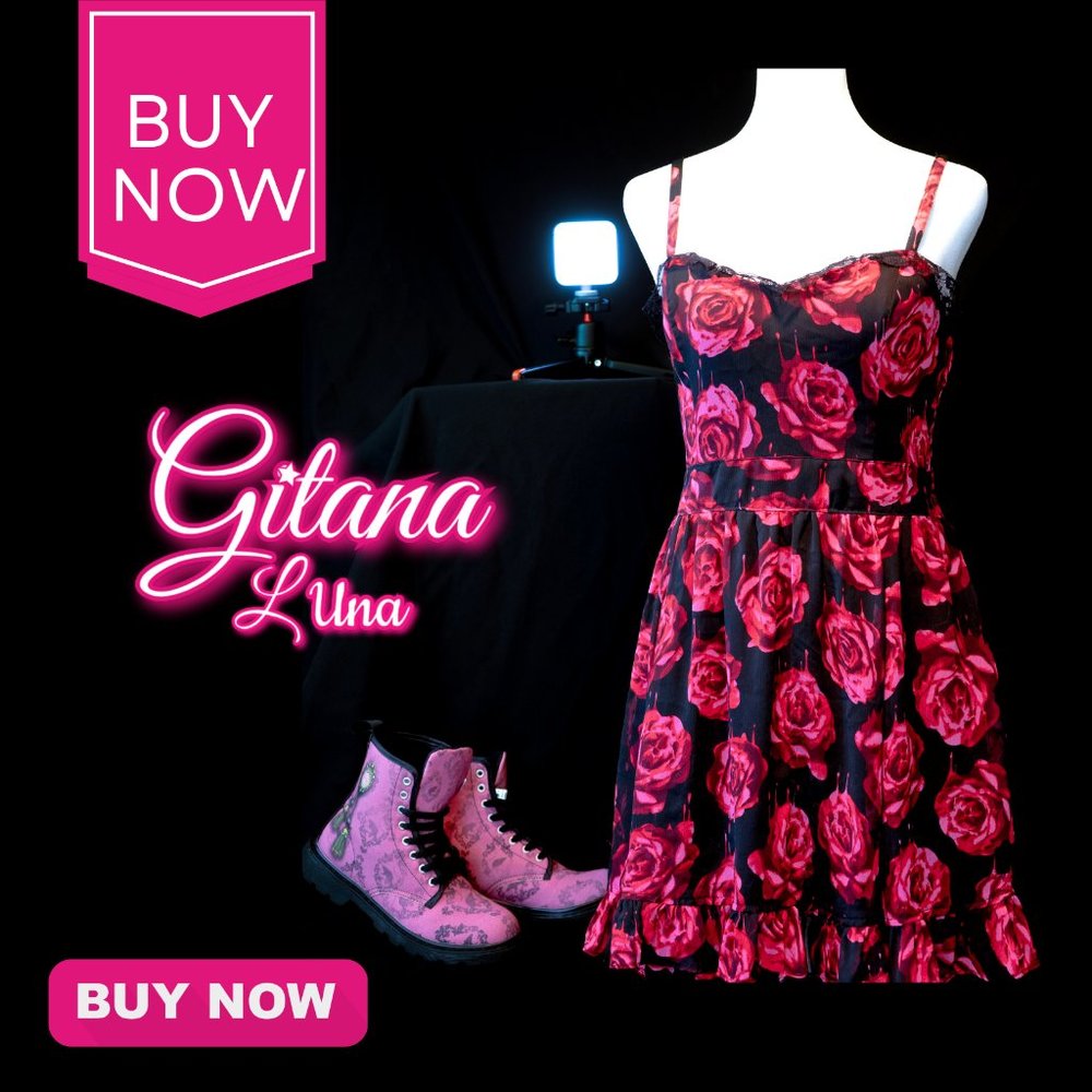 👑ROYAL BONES👑 Med BLACK RED BLOOD ROSES DRESS